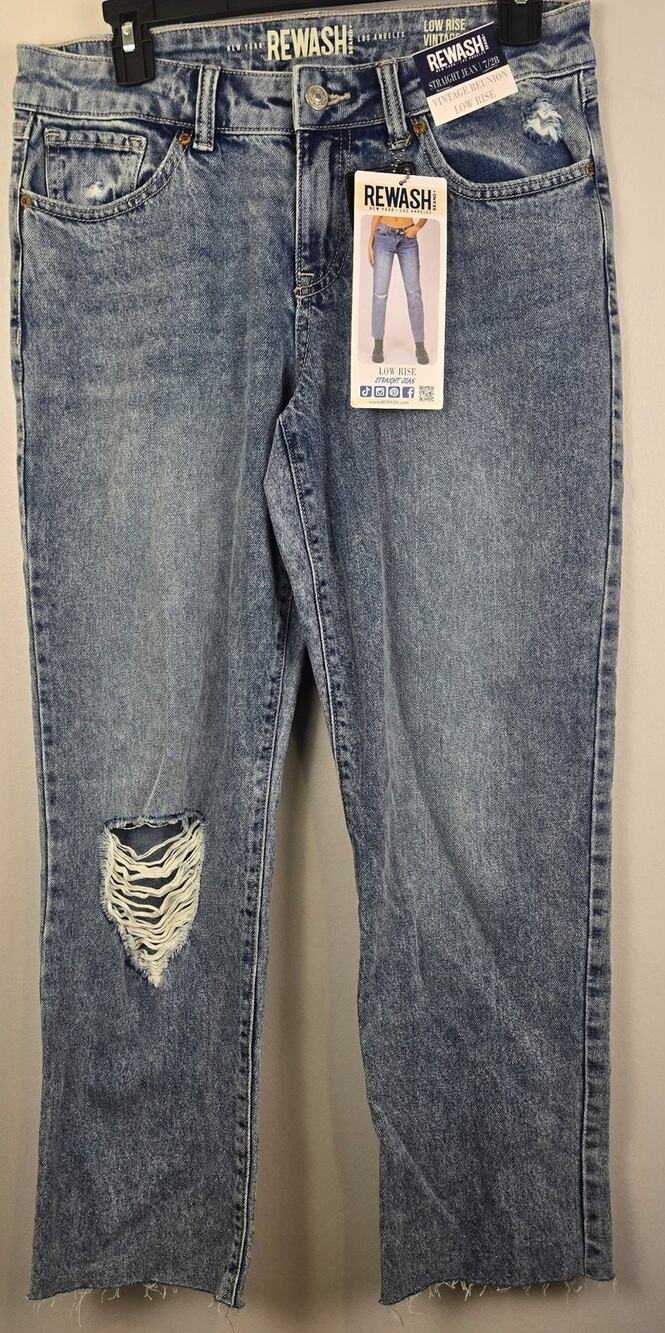 Rewash Vintage Reunion Jeans 28" Blue Low Rise Straight Leg Distressed NEW SZ 7